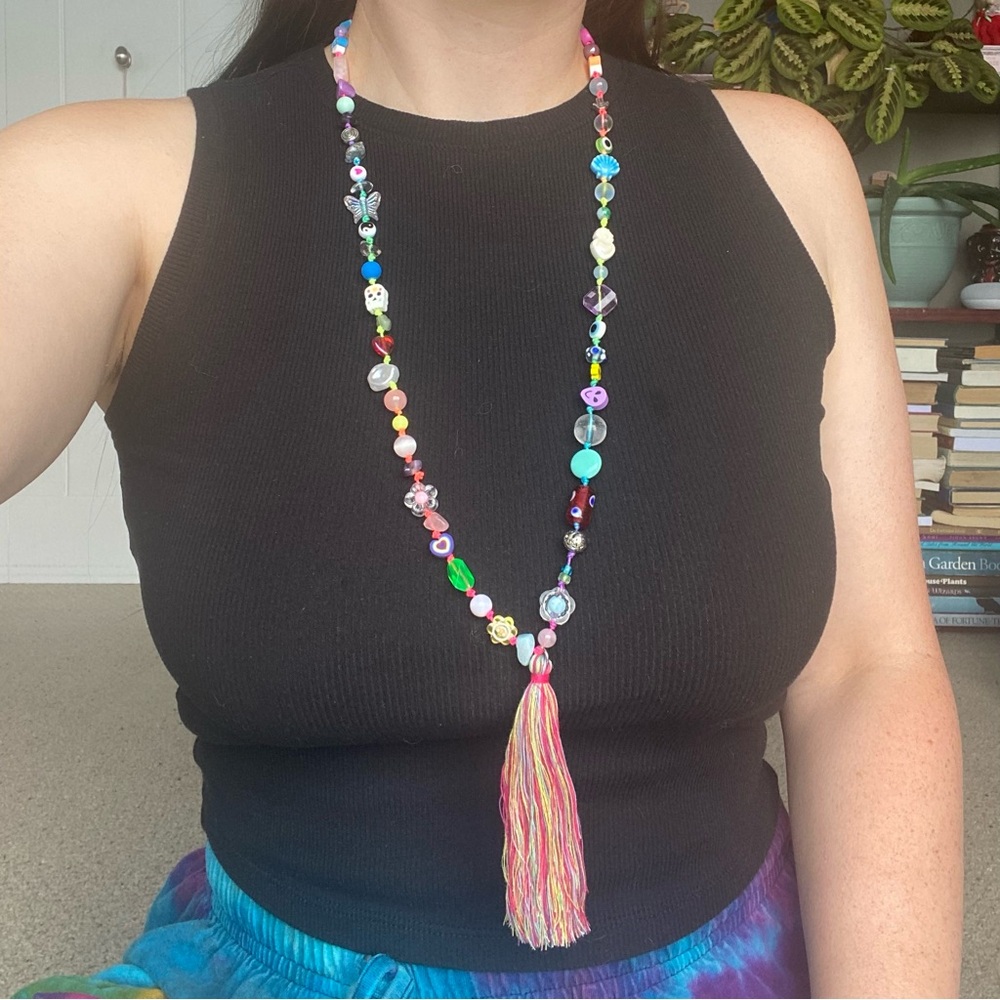 Colorful Beaded Necklace with Tassel Mixed Bead Mala Handmade Heart Flower